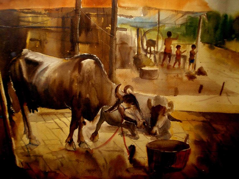 Satyajit Chanda 13 Title-Garia Cow Shed Medium- Water Colour on Paper Size-30x20 (2)